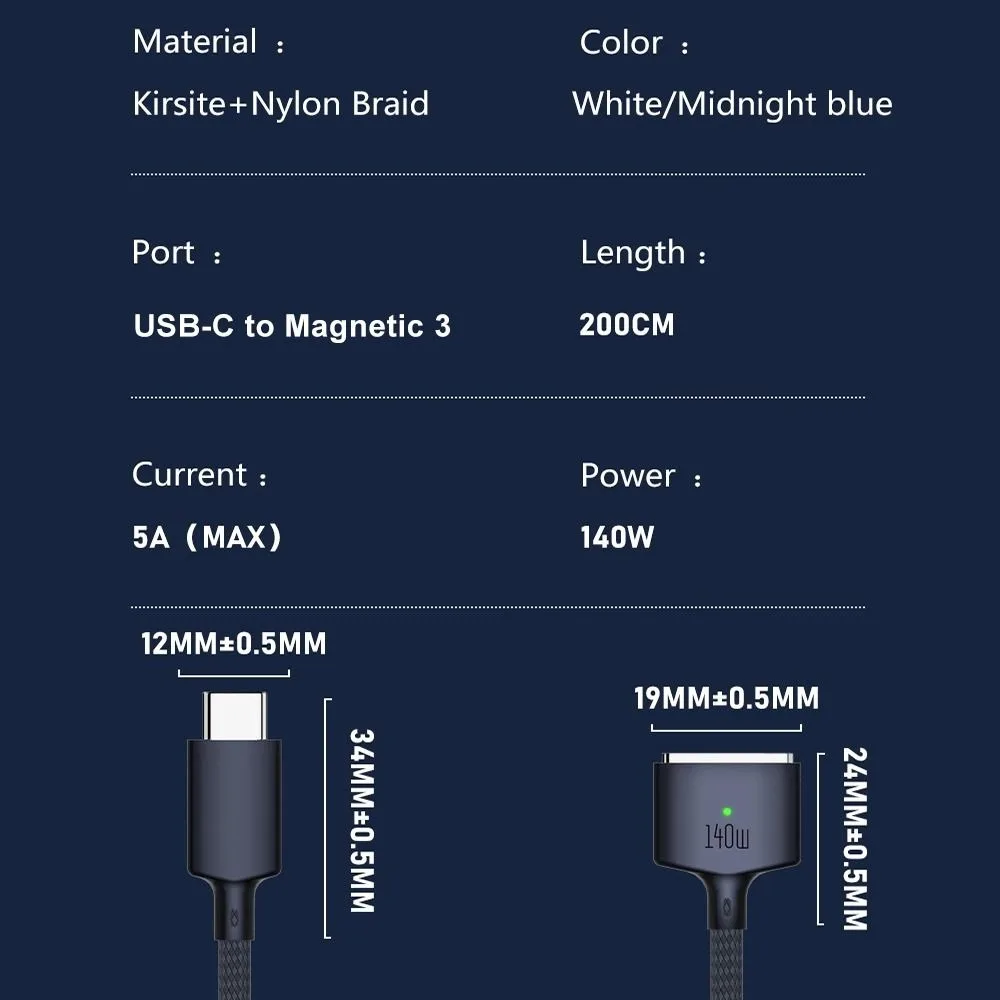 2M USB Type C to Magsafe 3 Magnetic Charger Cord Laptop Charging Cable Converter PD 140W for MacBook Air/Pro A2442 A2485 A2681