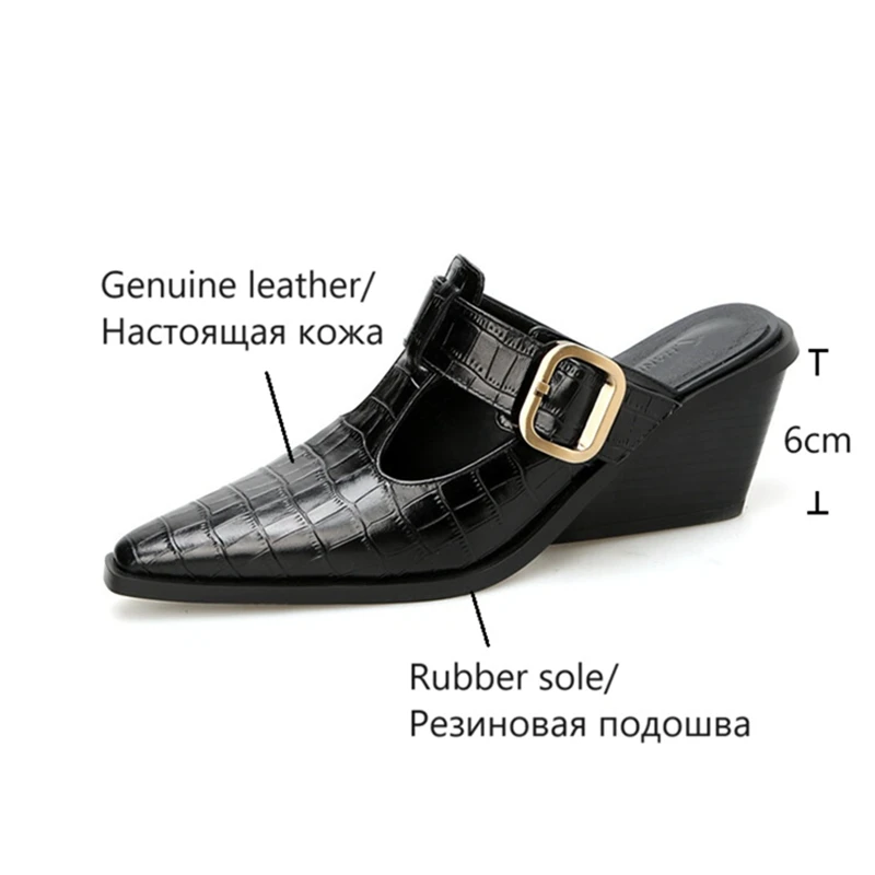 NEW Summer Women Mules Genuine Leather Shoes for Women Cover Toe Wedges Slippers Belt Buckle Pointed Toe Black Women Sandals