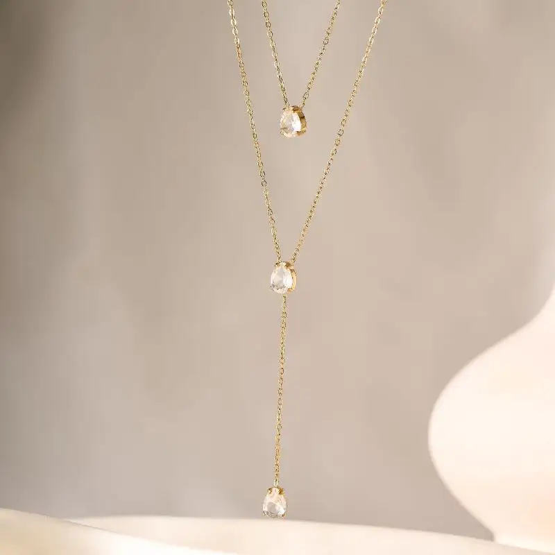 Trendy Titanium Steel Women Necklace Double Layer Small Water Drop Zircon Pendant Non-fading Jewelry for Daily Dating Wear