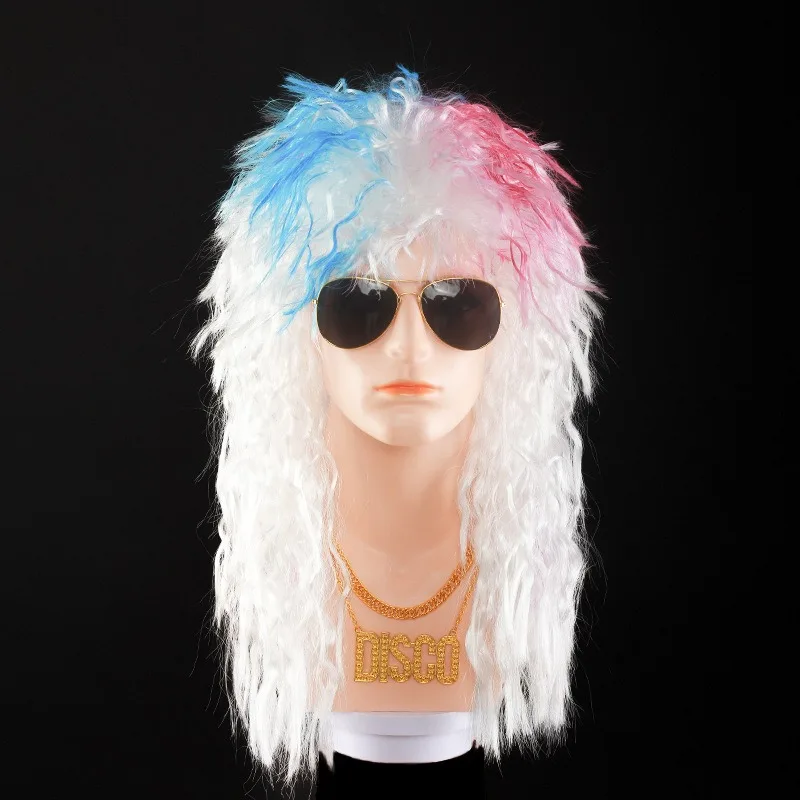 

White Color Rock and Roll Cosplay Wig 4pcs/set Gold Necklace and Sunglasses Stage Performance High Temperature Silk Long Hair