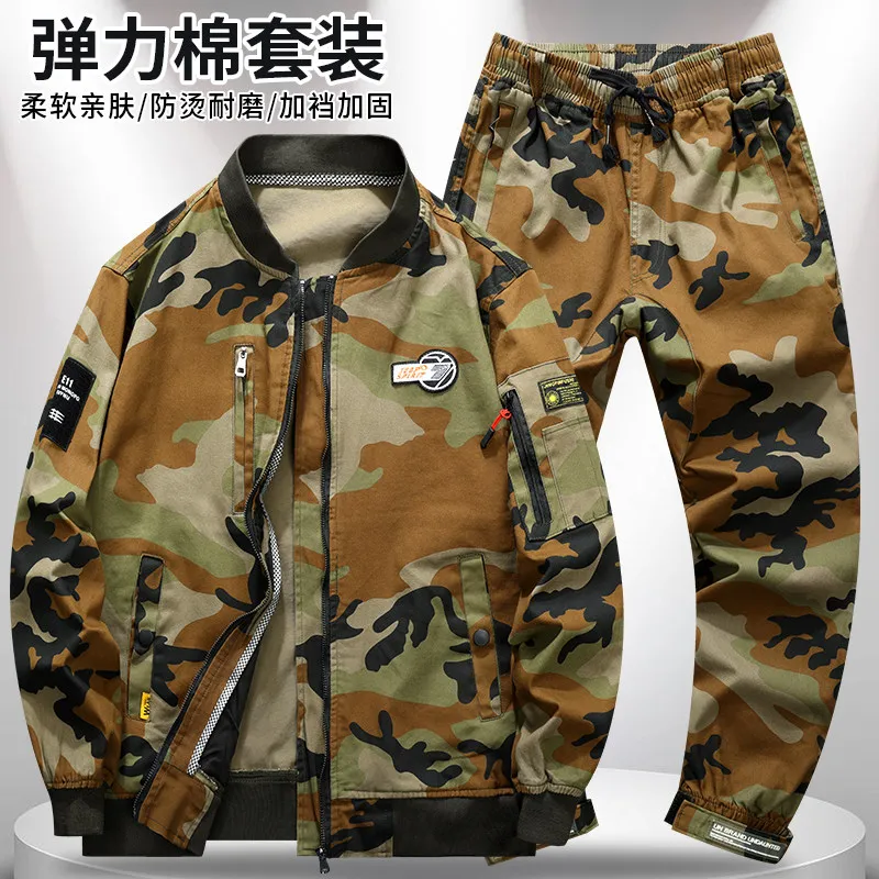 Overalls Suit Elastic Cotton Anti-Scald Stain-Resistant Welding Labor Tooling Thickening Wear-Resistant Camouflage Clothing