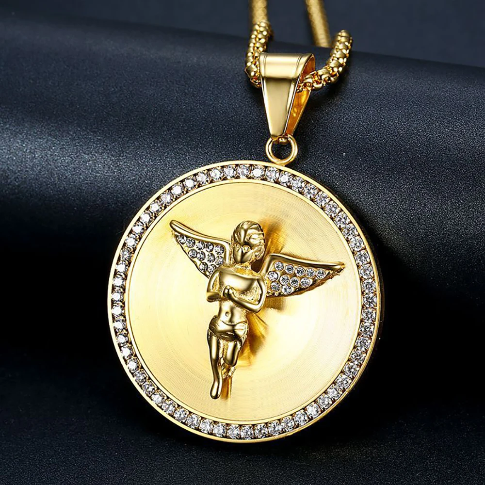 Hip Hop Iced Out Big Angel Pendant Male Gold Color Stainless Steel Round Necklace for Men Punk Fashion Jewelry Birthday Gift view 4