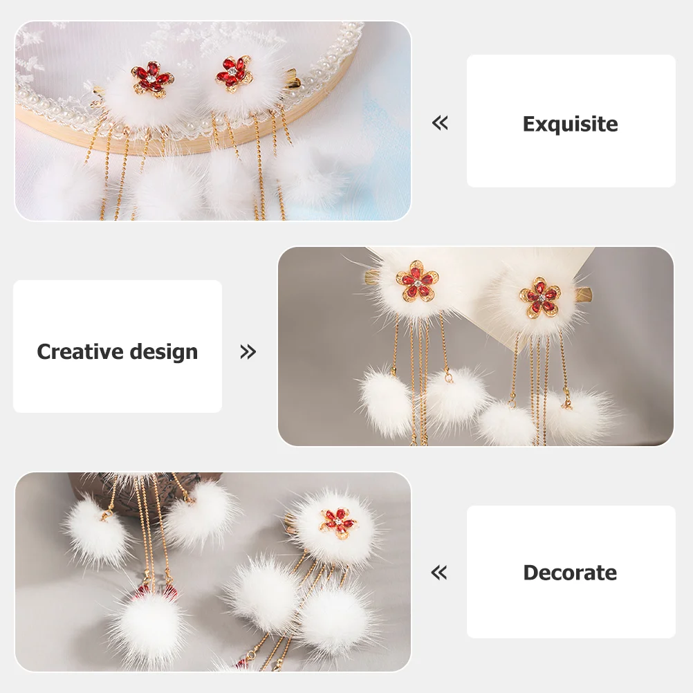 Hair Ball Hairpin Retro Headwear Barrettes for Kids Tassel Glamorous Accessories Hairpins Plush Girls Ceremony Hanfu