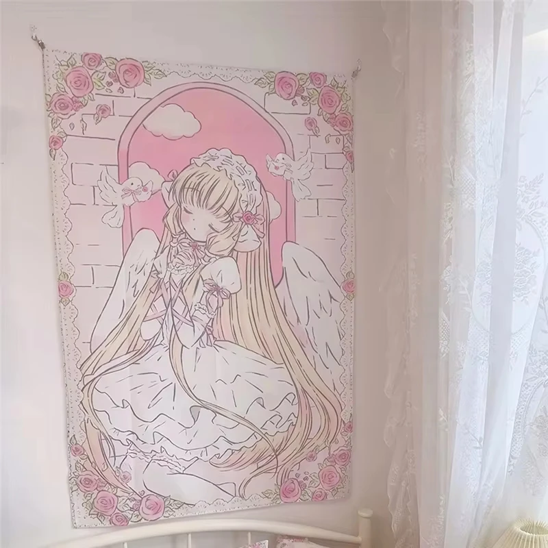 VIKAMA Healing Angels Tapestry Blonde Maiden x Lace White Wings Pink and White Roses Bedroom Nursery Decoration