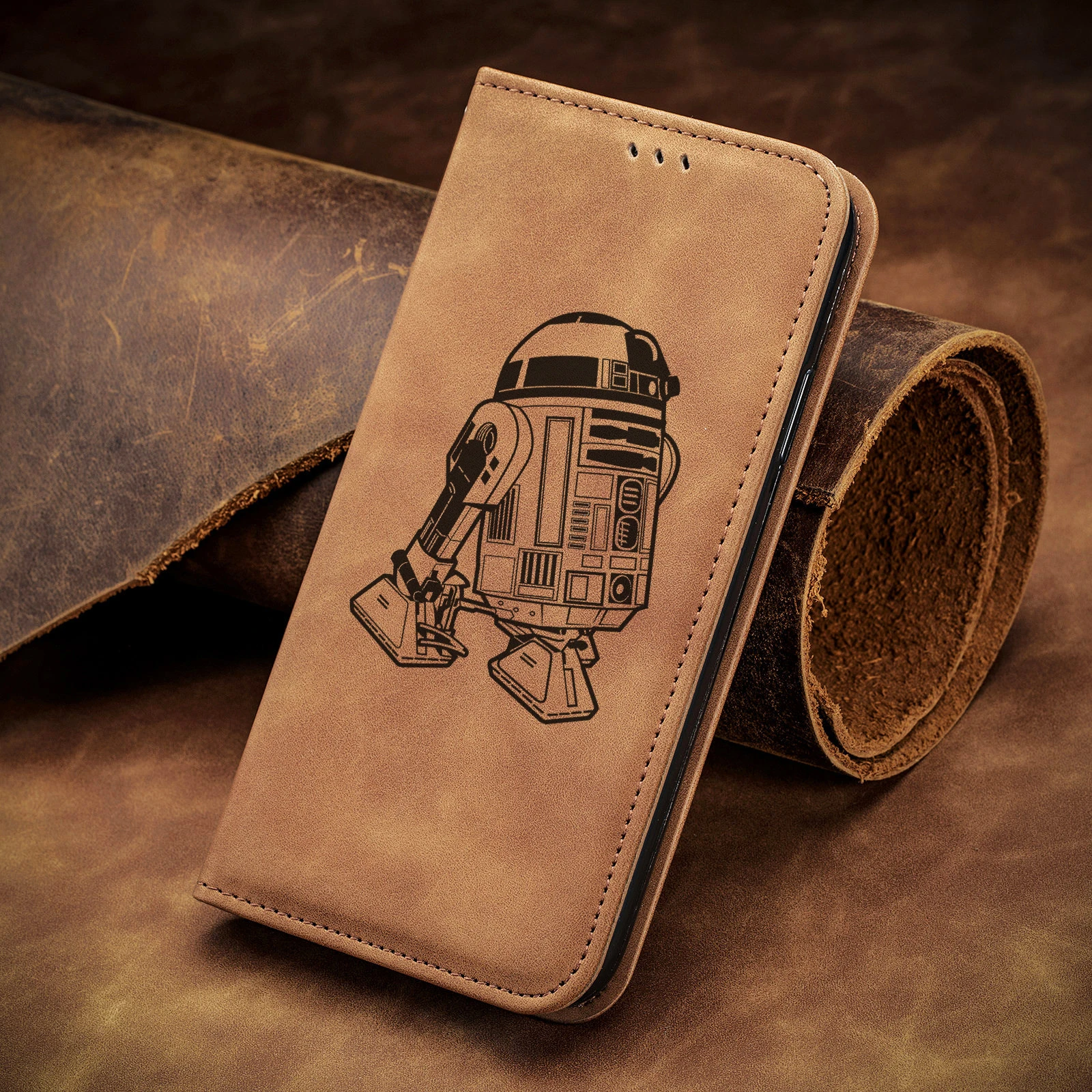 Business Flip Leather Star Wars R2D2 Robot Phone Case For IPhone 12 13 14 15 Pro Max Samsung Galaxy S23 S24 Ultra Cover