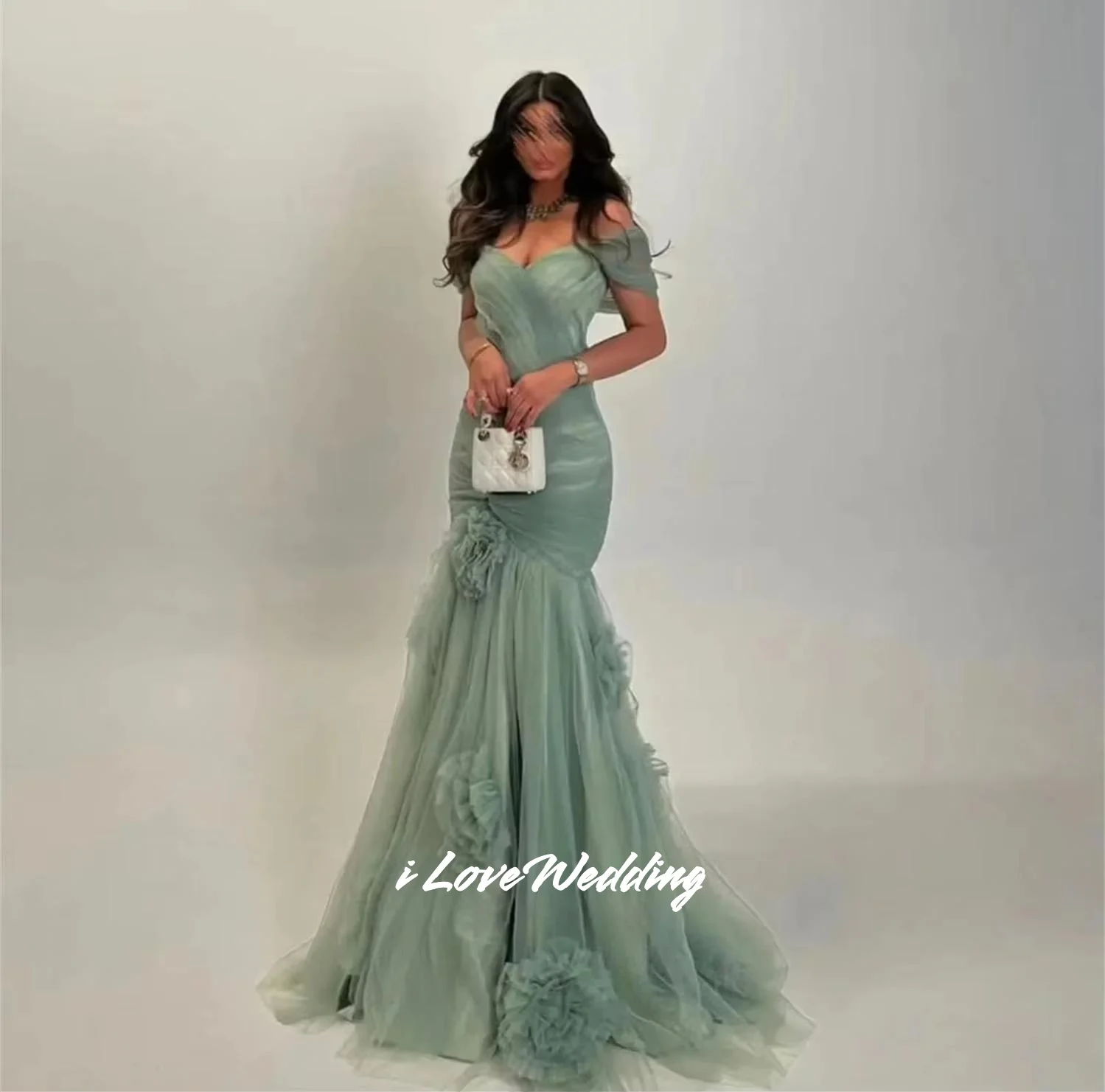 Green V-Neck Prom Dresses Off Shoulder Mermaid 3D Flowers Backless Floor-Length Saudi Arabia Evening Dresses Pleated Customized