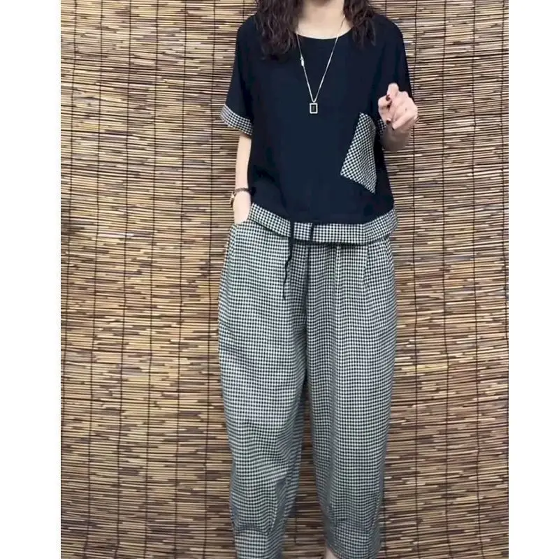 

98% Cotton T Shirt Sets Women Fashion Casual Stitching Oversized T-shirt And Loose Plaid Pants Two Piece Suits Women's Clothing