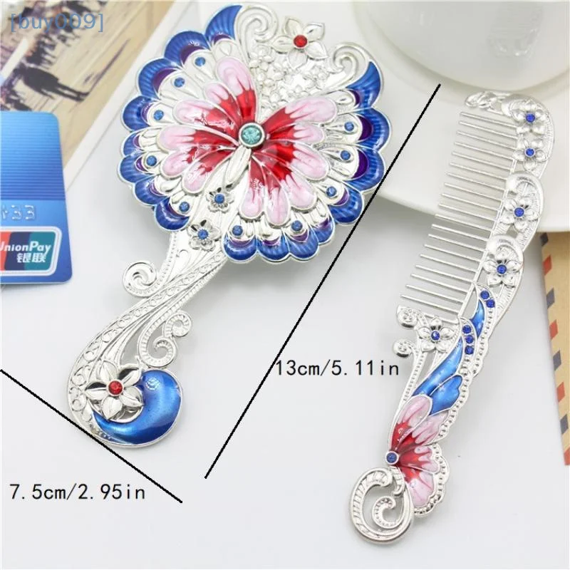 2 Pcs/Set Butterfly Painting Design Vanity Mirror And Comb Set Round Shape Embossed Metal Handheld