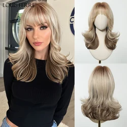 Brown Blonde Ombre Synthetic Wigs with Bangs Medium Length Wavy Layered Wigs for Women Natural Hair Heat Resistant Fake Hair