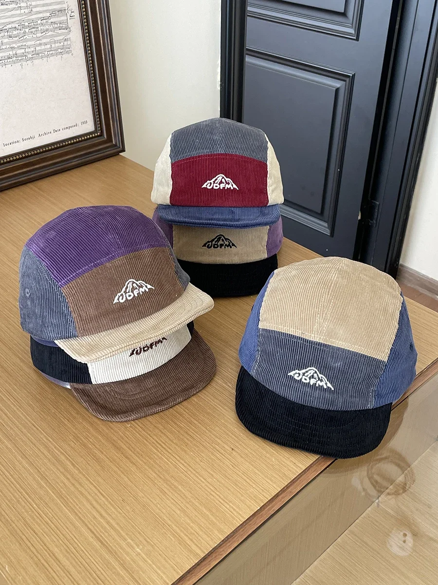 Color matching mountain peak corduroy soft brim hat short brim five-piece baseball cap female retro couple cap male