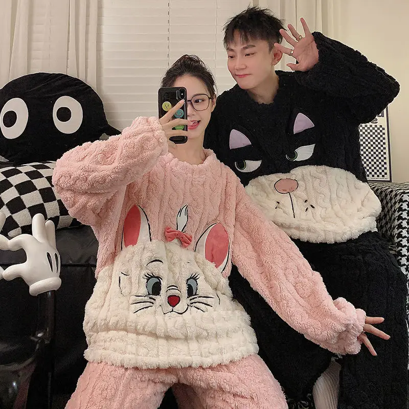 Kawaii Disney Lucifer Marie Cat Autumn Winter Couple Pajamas Suit Anime Woman Man Plush Top Coat Pants 2-piece Set Home Clothing