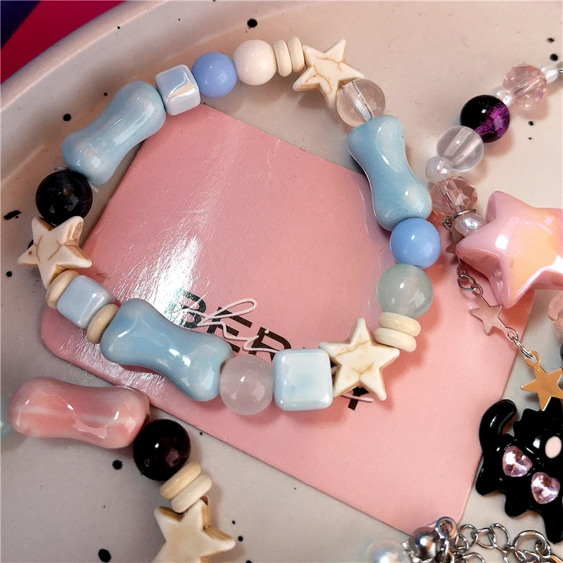 Goth Aesthetic Black Cat Star Love Ceramic Acrylic Colorful Beaded Chain Bracelet Girl 2000s EMO Charm Jewelry Y2K Accessories