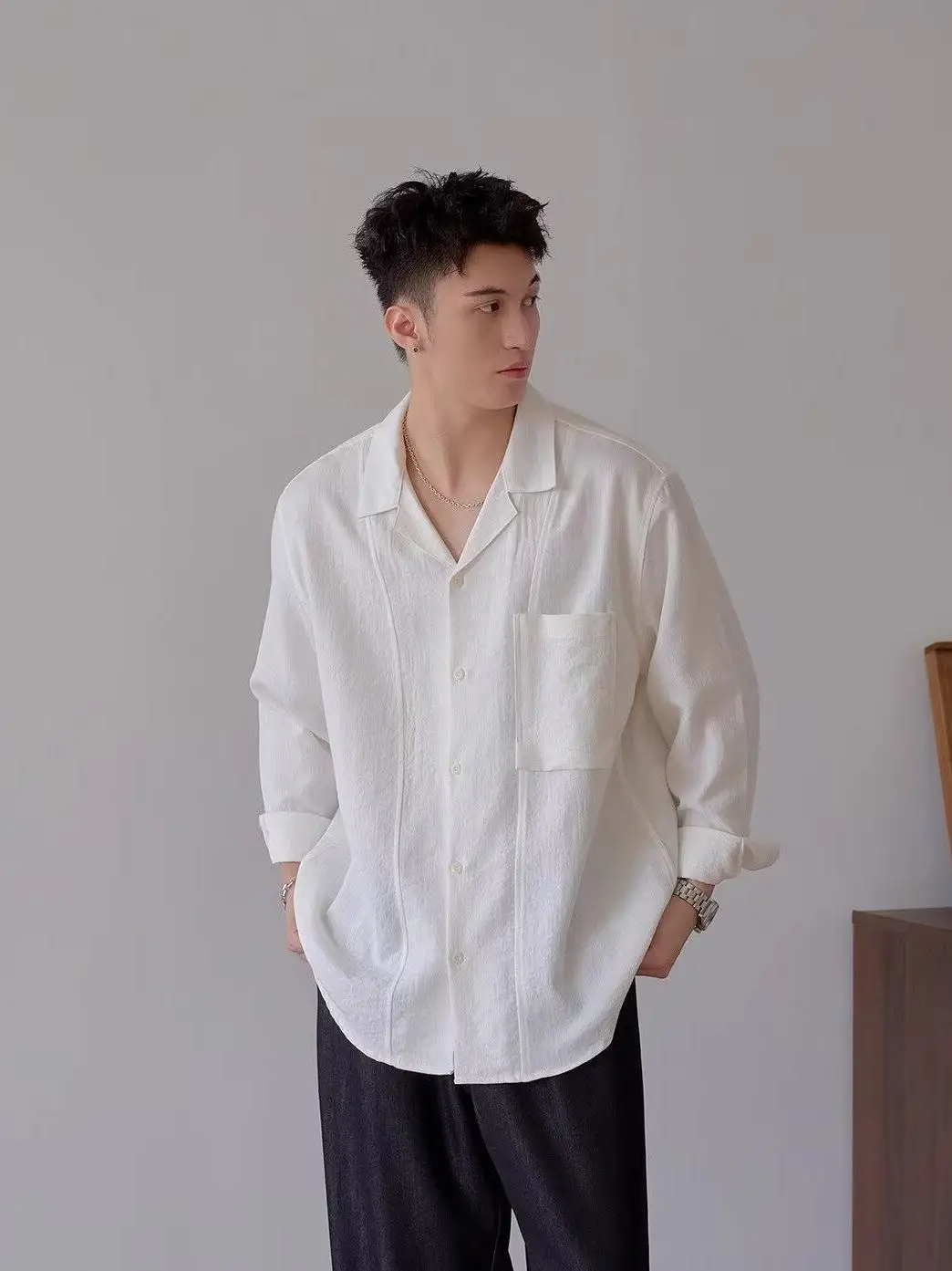 

Korean Sle Luxury Cuban Collar Long Sve irt Men's Spring Summer Lightweight Breathable Sun Protection Casual irt