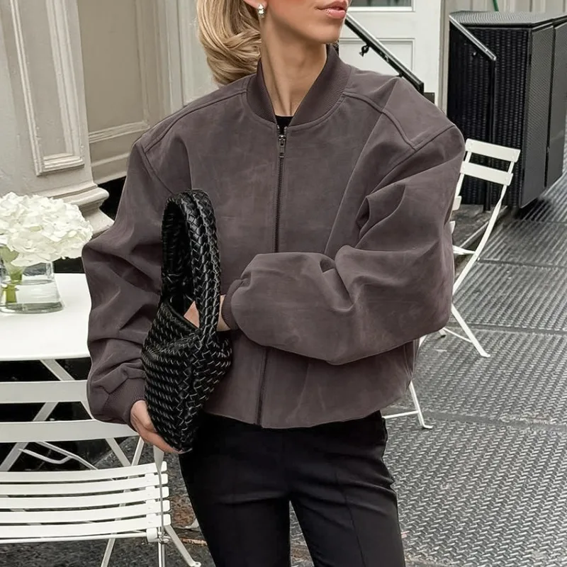 This Autumn Winter Cross-border Retro Grey Suede Jacket Minimalist Women's Long-sleeved Short Zipper Jacket with A High-end Feel