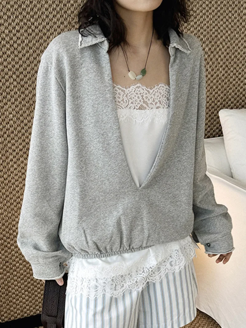 Burr Color Gray Plain Big Size Casual Sweatshirt New V-Neck Long Sleeve Women Fashion Spring Autumn 2026 SZ5AQ