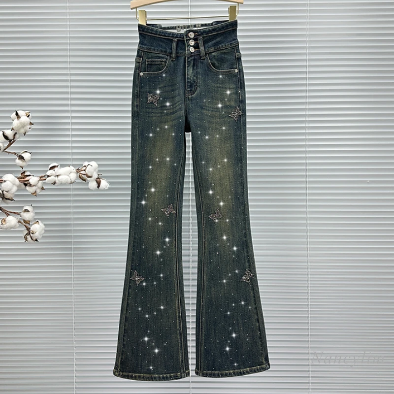 

European Ins Fashion Skinny Jeans Women's Fashionable Autumn New High Waist Slim-Fit All-Matching Butterfly Rhinestone Pants