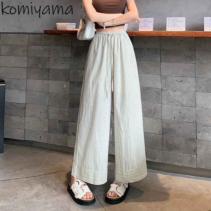 New Stripe Pantalones Mujer Lace-up High Waist Wide Leg Pants Women 2025 Straight Ropa Japan Style Loose Casual Roupas