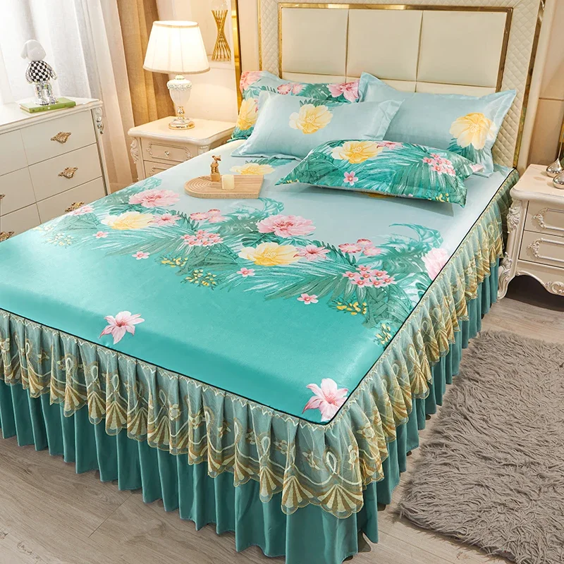 Tropical Leaves Floral Bed Skirt Set with Double Layer Lace, Breathable Wrap-Around Anti-Slip Summer Mattress Protector Washable