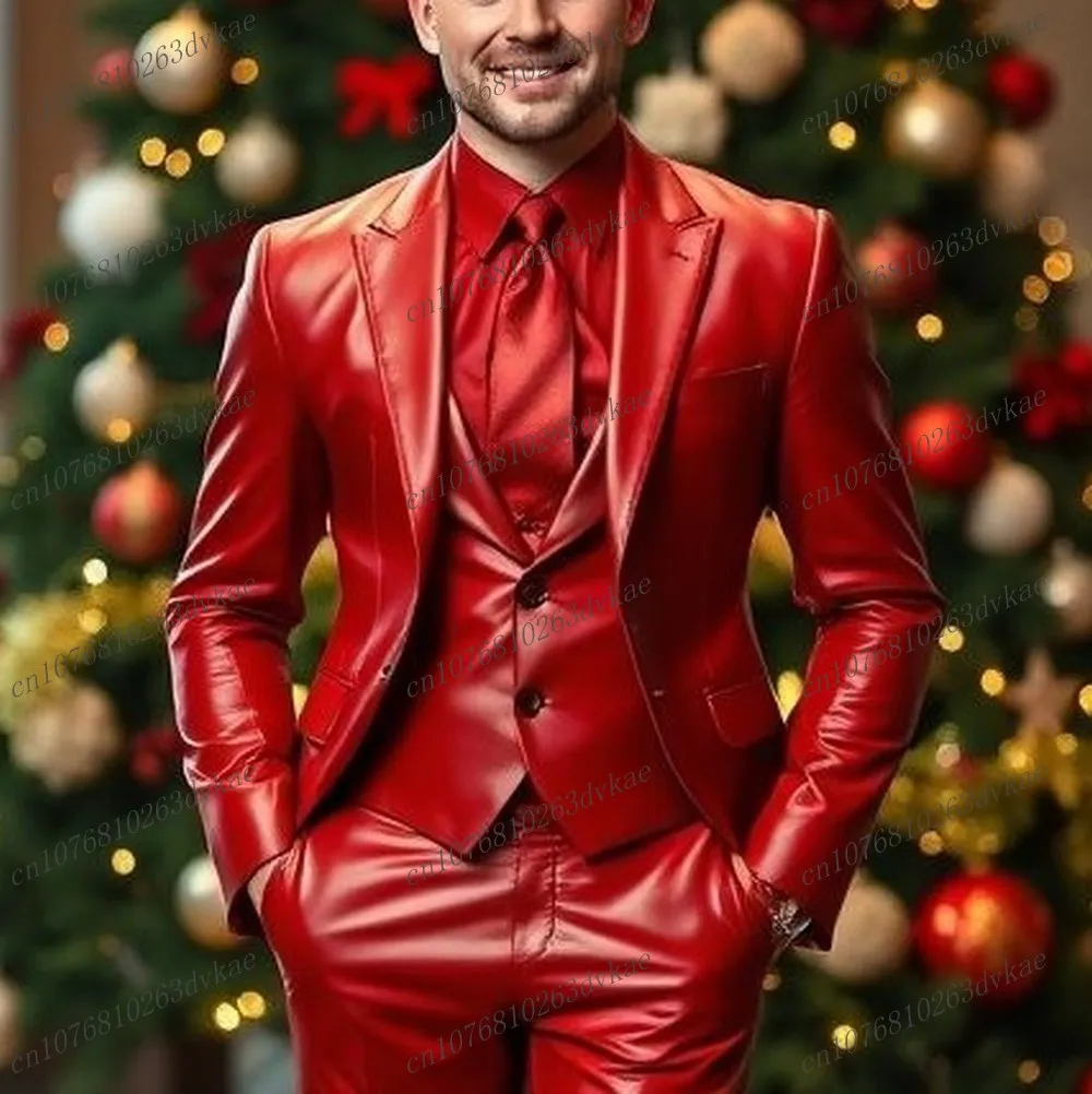 

New Red Leather Men Suit Wedding Party Formal Occasion Groom Groomsman Prom Business Male Tuxedos 3 Piece Set Jacket Vest Pants