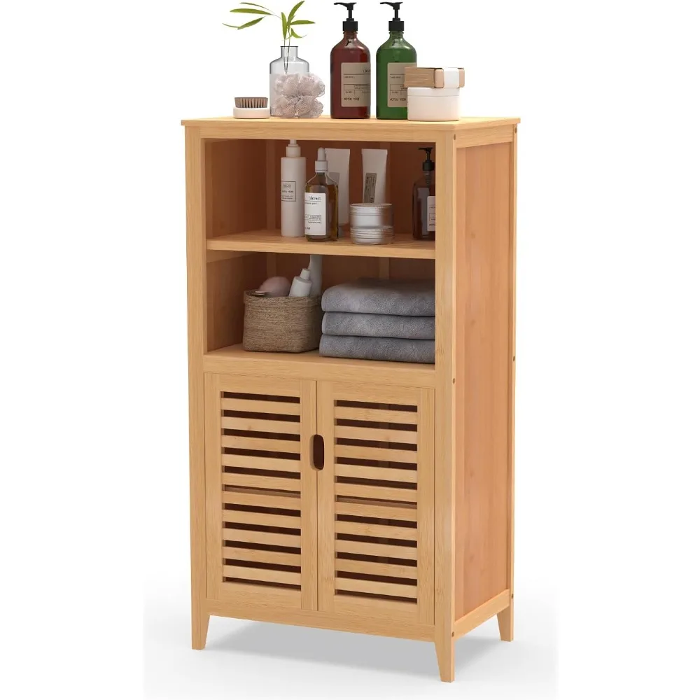 

Bamboo Bathroom Storage Cabinet with 2 Doors, Bathroom Floor Freestanding Cabinets Organizer for Living Room, Kitchen, Entryway
