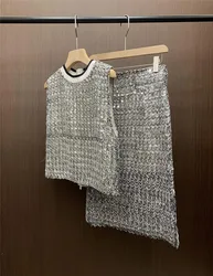 Women's Fish Scale Sequins Suit Loose Round Neck Top + Vest+ Shorts + Half-body Skirt 4-Piece Set Female Clothing