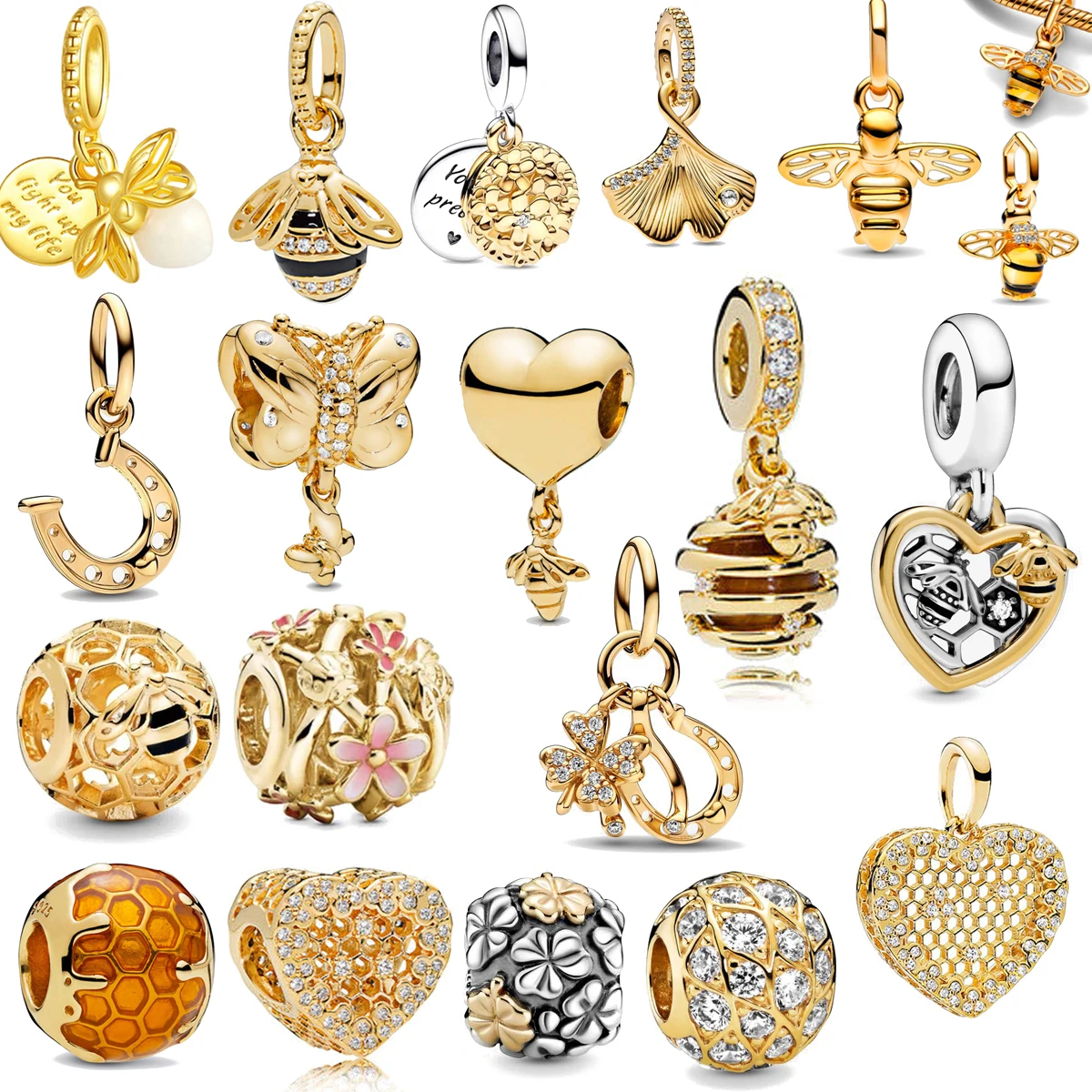 

18K Gold Plated Original Sparkling Bee Firefly Hive Horseshoe Clover Dangle Charm Bead Fit Silver 925 Bracelet Trinket Jewelry