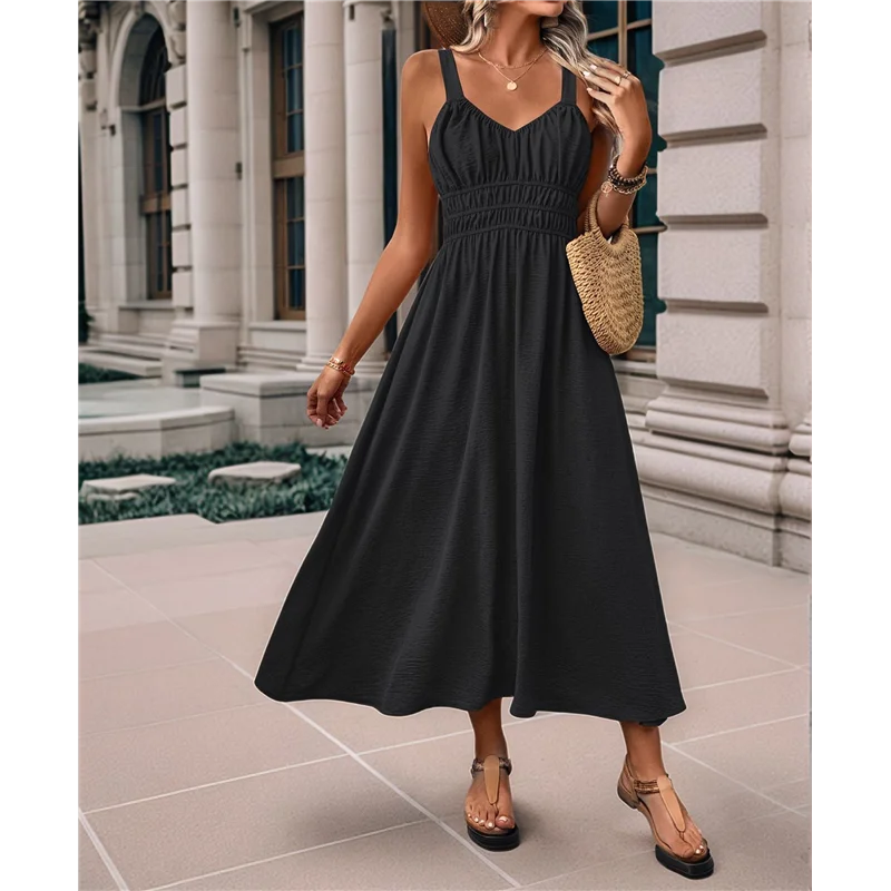TEXU ผู้หญิง Smocked Maxi Dresses 2025 ฤดูร้อน Beach Sundress Casual สปาเก็ตตี้สายคล้อง Swing ยาว Flowy Dress