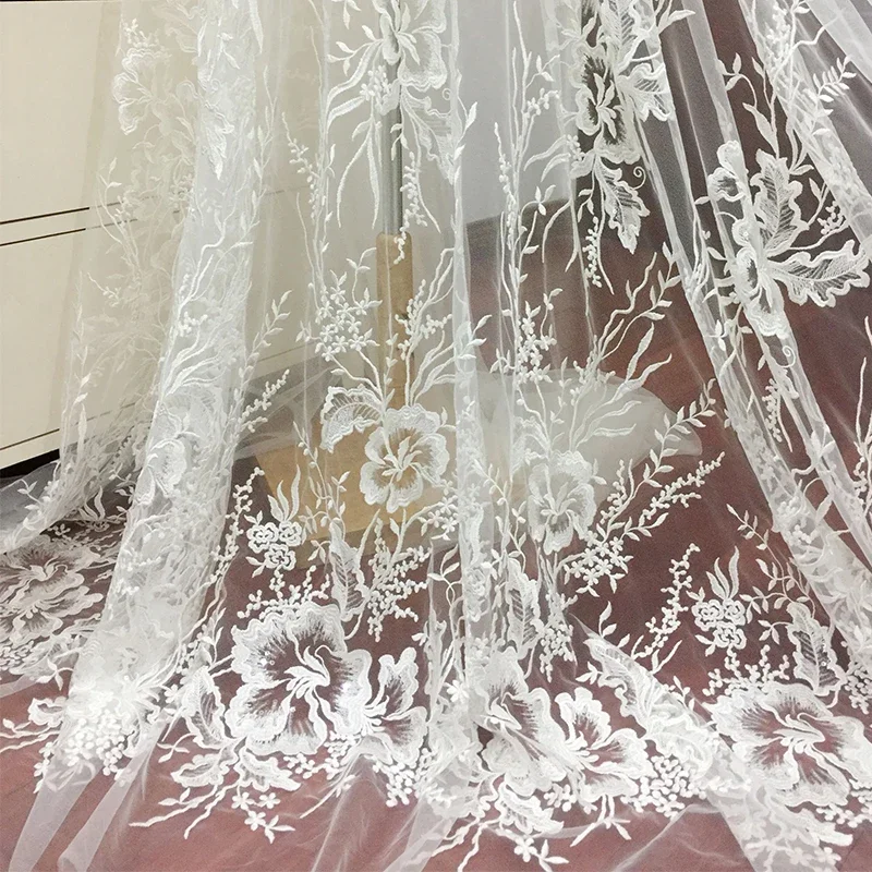

Quality Sequin White Tulle Floral Embroidery Lace Fabric , Diy Bridal Gown Wedding Dress Veils Shrug Fabric