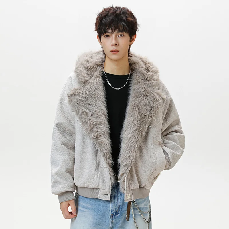 الشتاء الداخلية الفراء طوق مقنعين سترة الرجال الشارع الشهير خمر موضة فضفاضة عادية سميكة الدافئة قصيرة Bomber سترة صديقها معطف