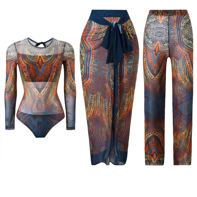 Printed Bathing Suit Women Long Sleeve One Piece Swimsuit Bandage Cover Up Straight Pants Female Beachwear Swimwear Three Piece