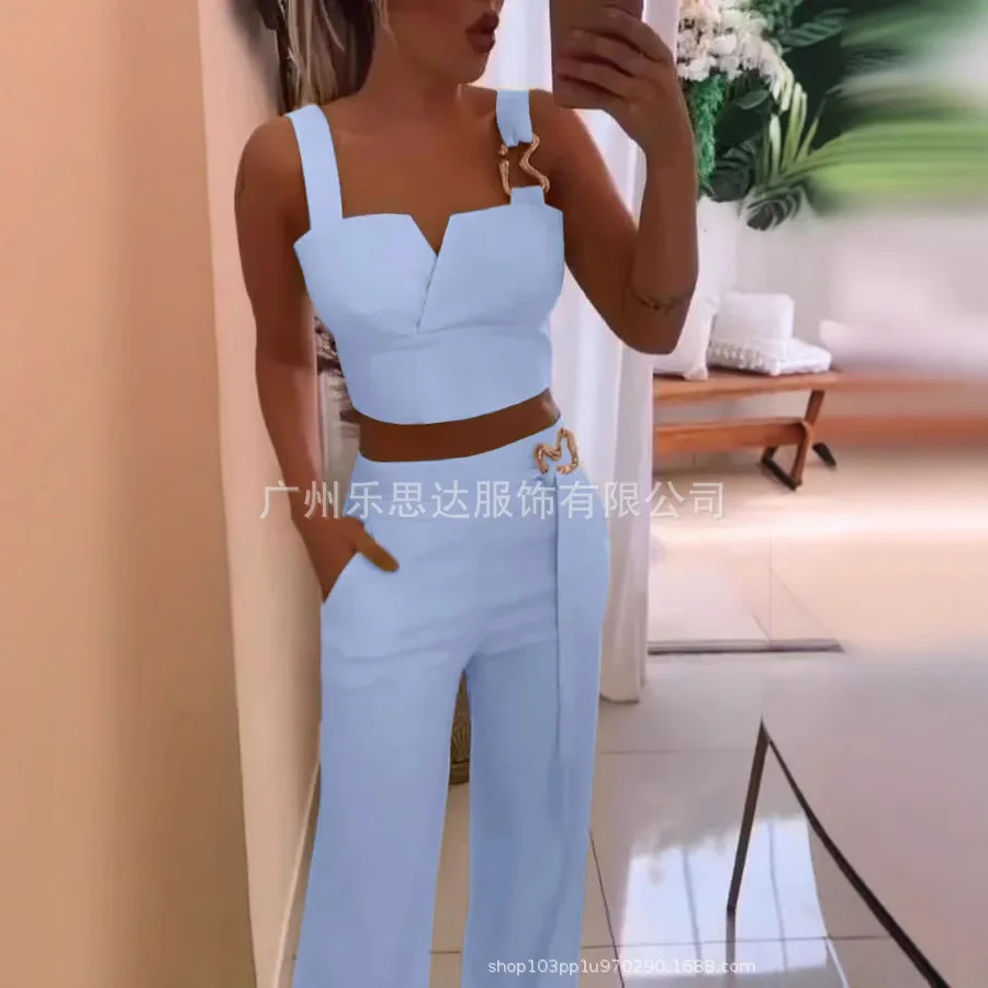 

Women's Two-piece Solid Color Sexy Tight V-neck Camisole Top Casual Wide Leg Pants Set 2025 Summer