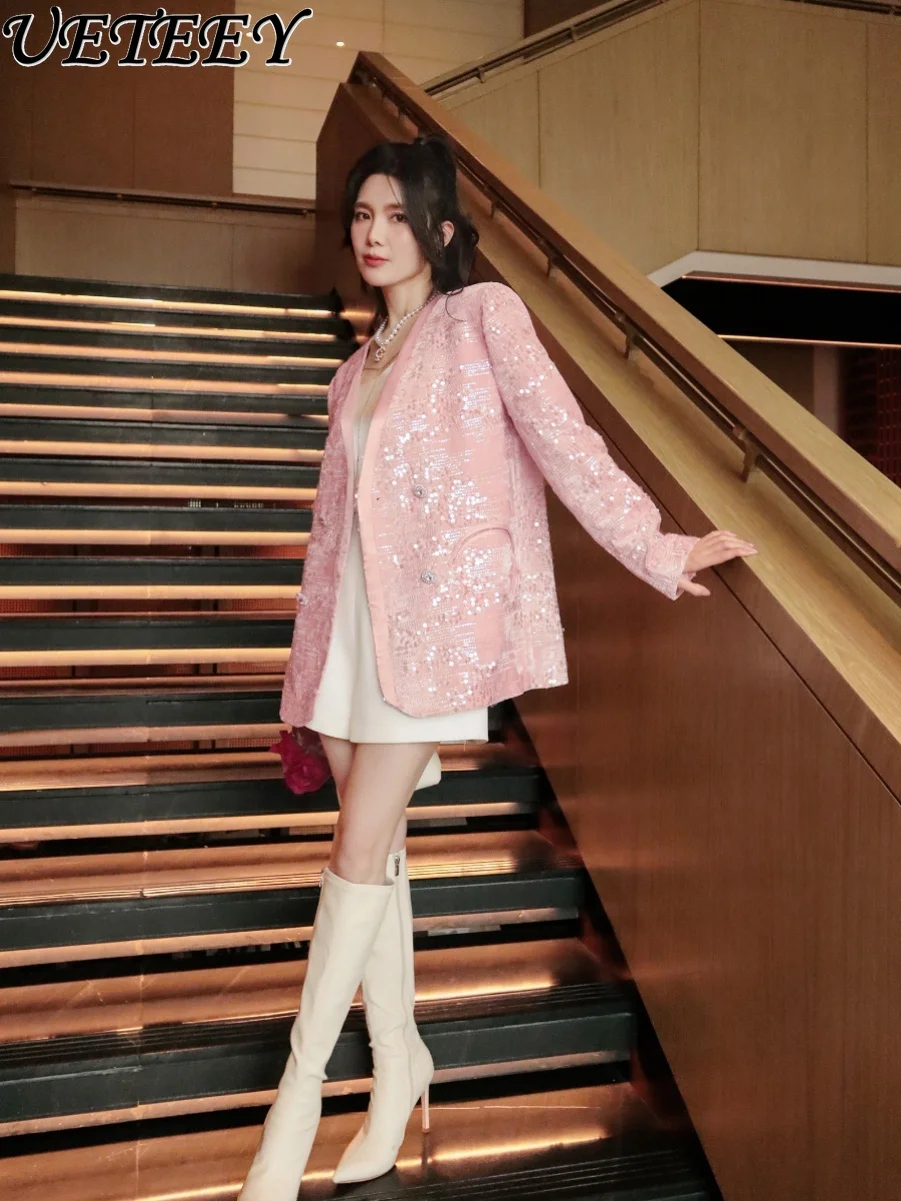 New Chinese Style Long-Sleeved Pink Suit Jacket Machine Embroidery Sequined Design Oriental Beauty Contrast Color Velvet Coat