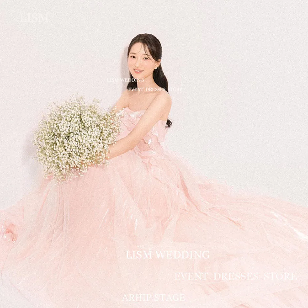 

LISM Pink Fairy Tulle Korea Wedding Dresses Sweetheart 3D Pleat Flowers A-Line Backless String Bridal Gowns Photo Shoot