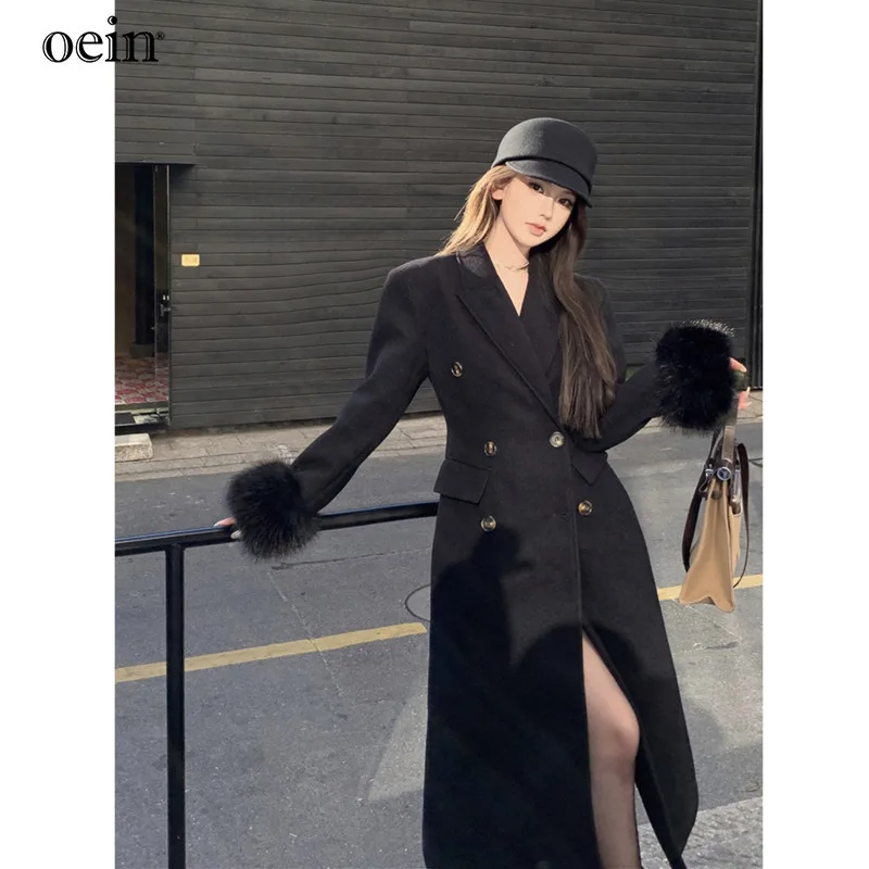 [oein] Double Breasted Woolen Coat Waistband Slimming Effect, Hepburn Style Fur Sleeves, Long Jacket With Cotton For Women