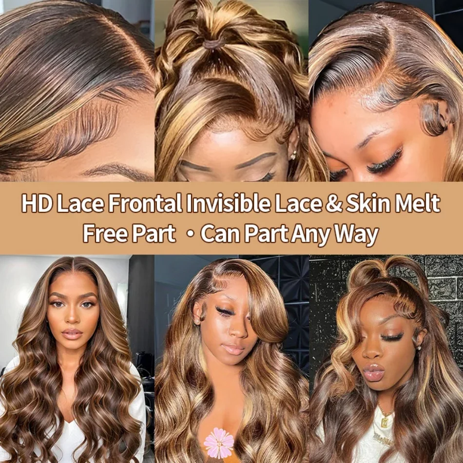 Perruque Lace Front Wig naturelle Body Wave à reflets, 13x6 hd, pre-plucked, P4/27, couleur Blonde et brune, pour femmes