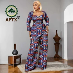 African Women's Ankara Printed Nine Quarter Sleeve Top and Floor-Length Pants Two-piece Suit with Earrings Dashiki Casual Set