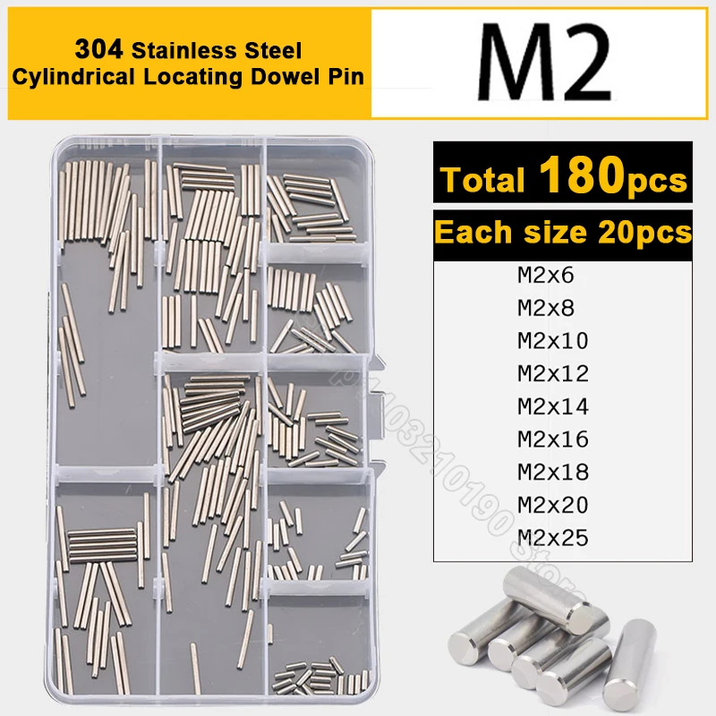 180Pcs M2 Cylindrical Pin Locating Dowel 304 Stainless Steel Fixed Shaft Lock Pins Solid Round Rod Bar GB119 Set Assortment Kit