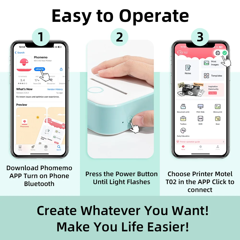 Phomemo T02 Mini Portable Printer Thermal Printing 53mm Sticker Wireless Inkless Mini Pocket Printer Self-adhesive Label Printer