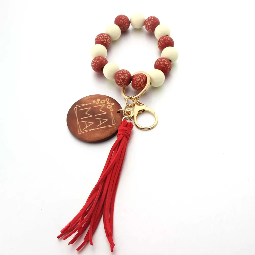 Mother\'s Day Gift Letter MAMA Wooden Tag Tassel Pendant Elastic Wood Bead Keyring Bag Accessories for women