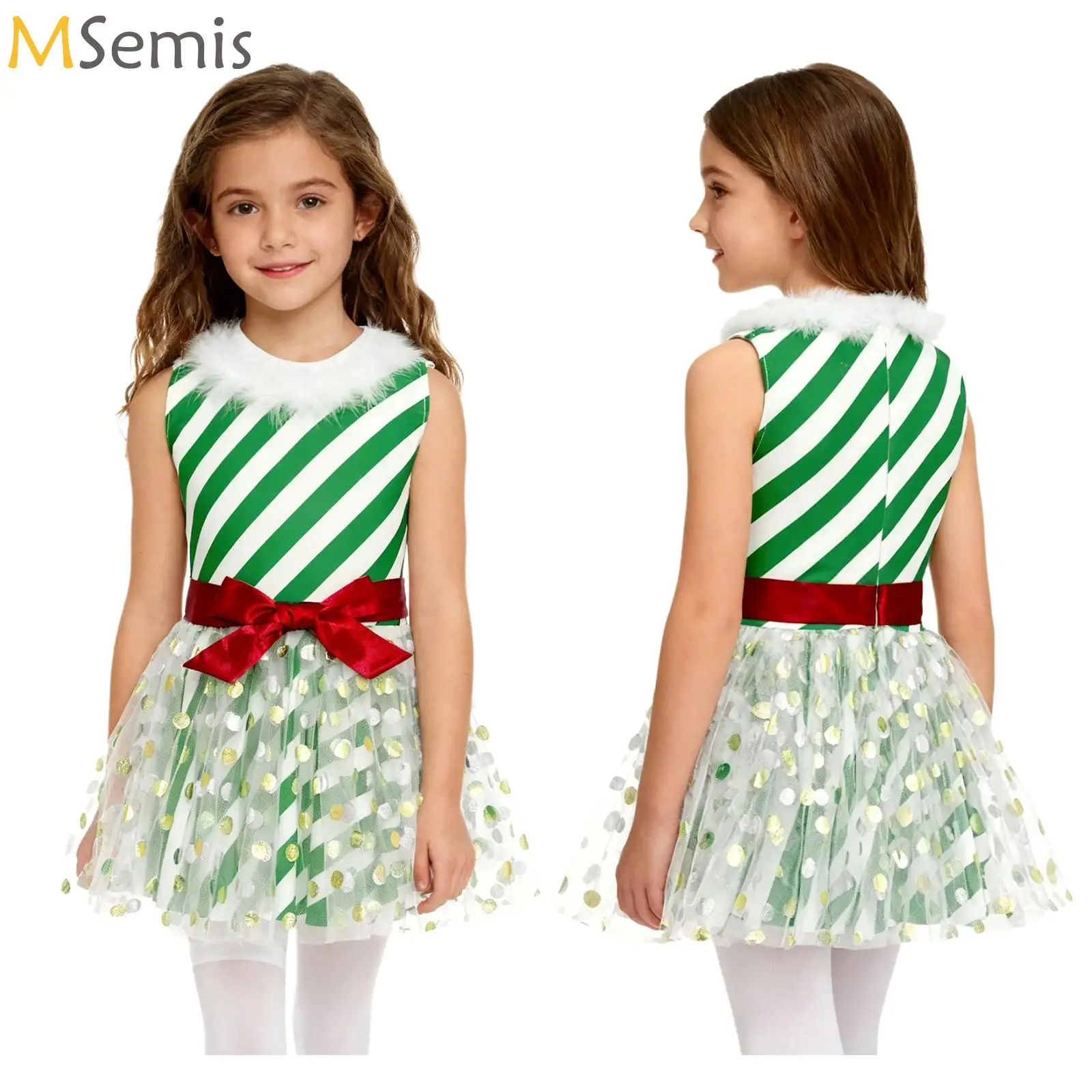 

Kids Girls Dot Tulle Striped Ballet Leotard Dress Sleeveless Red Mesh Tutu Gymnastic Figure Skating Dress Christmas Elf Costume
