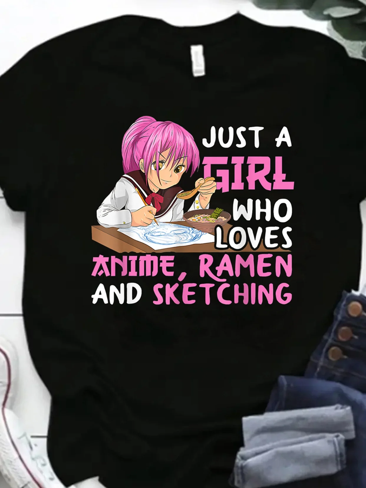 

[Anime Graphic Tee] Soft Graphic Women's Casual T-Shirt | Anime Ramen & Sketching Design, Machine Washable,
