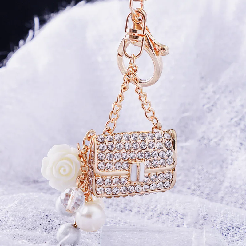 New White Shiny Rhinestones Bag Shape Key Ring Delicate Metal Pendant Charms Car Accessories