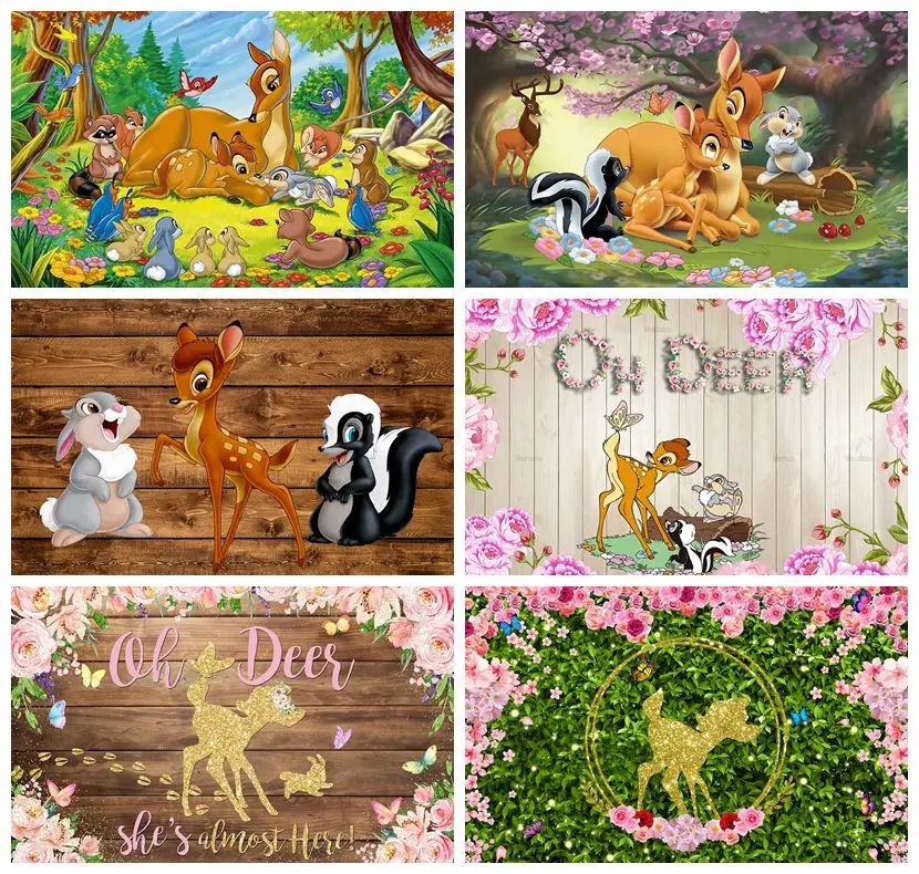 Bambi Backdrop Spring Flowers Bambi Birthday Theme Deer Girls Photo Baby Shower Butterfly Rabbit Customized Background