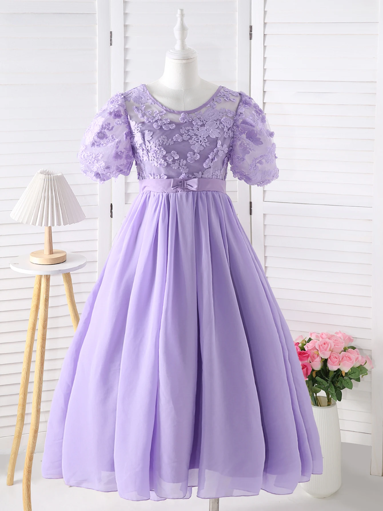 

Летняя сетчатая лоскутная юбка с объемными рукавами для девочек-подростков, модное романтическое платье с бантом