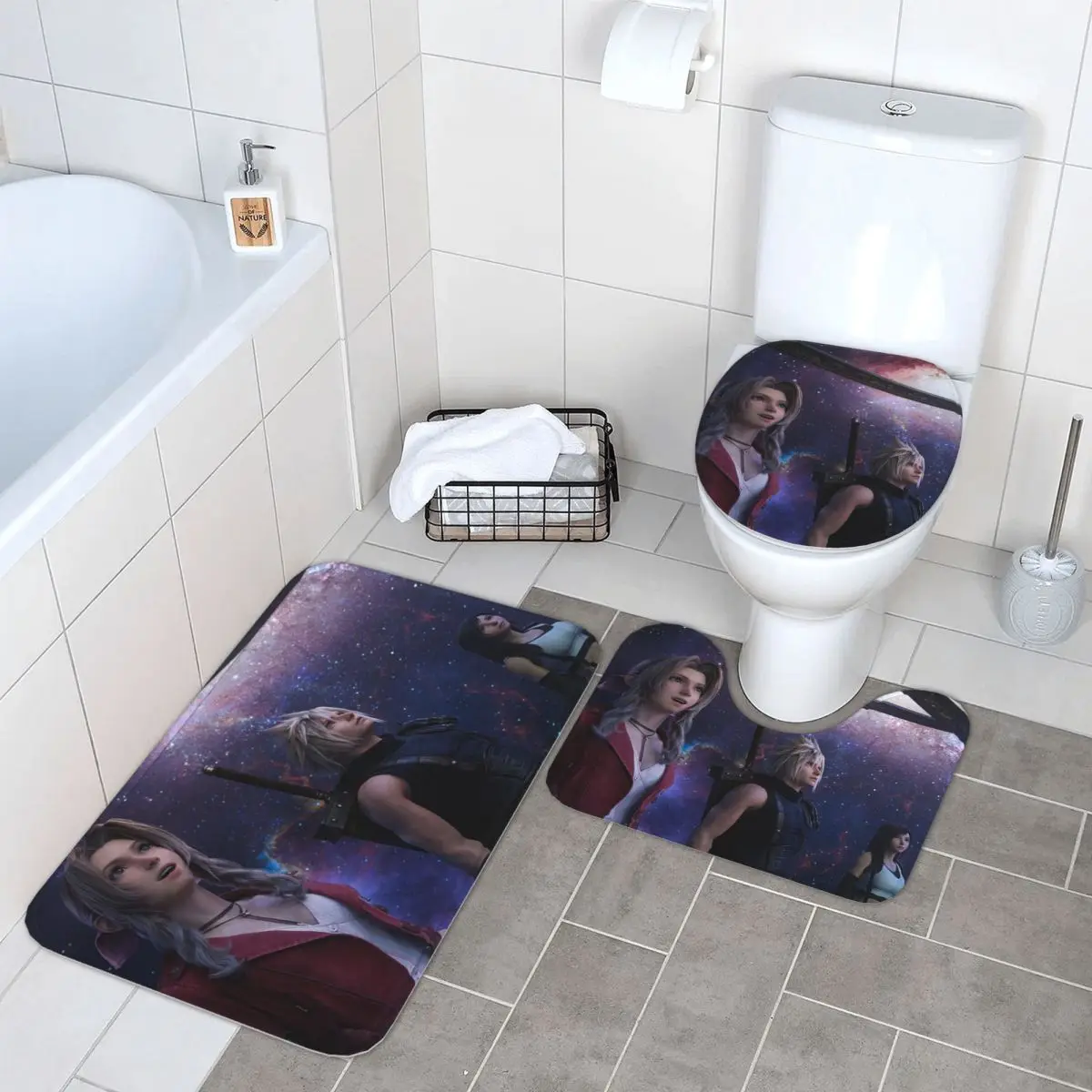 

Final Fantasy 7, коврик для ванной из 3 предметов, набор для ванной комнаты, крышка для унитаза, домашний декор, нескользящий ковер, напольный коврик