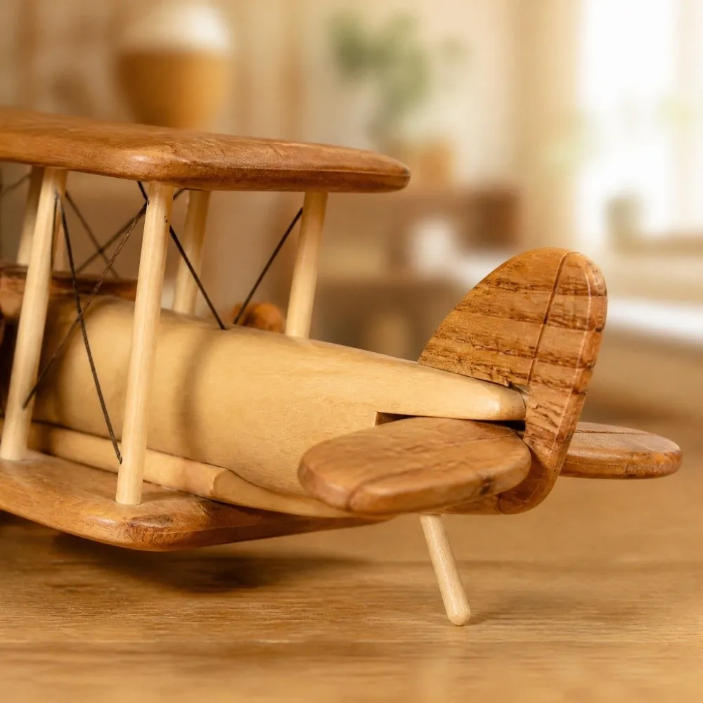 Small Size Wooden Airplane Model 7.87x7.87x3.93 Inch Aircraft Display Propeller Plane Decor Wood Biplane Aircraft Decor