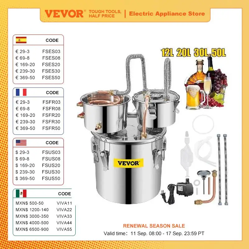 VEVOR Destilador de Agua 12,3 L Máquina para el Agua Destilada Casera Destilación Filtro Purificador Acero Inoxidable Destilador de Agua Water