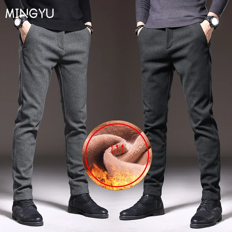 Winter Warm Men's Fleece Pants Thick Business Stretch Slim Elastic Waist Jogger Cotton Outdoors Brushed Fabric Trousers Male