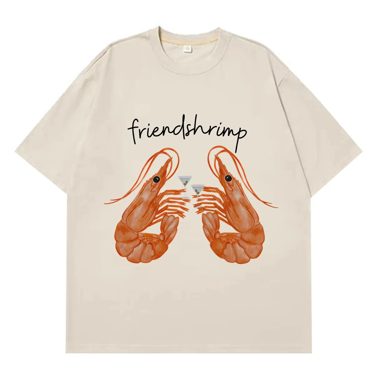 Cute Shrimp Holding Martini Cocktail Funny Friendshrimp Meme T-shirts Men Women Fashion Hip-hop Loose Casual Cotton T-shirts
