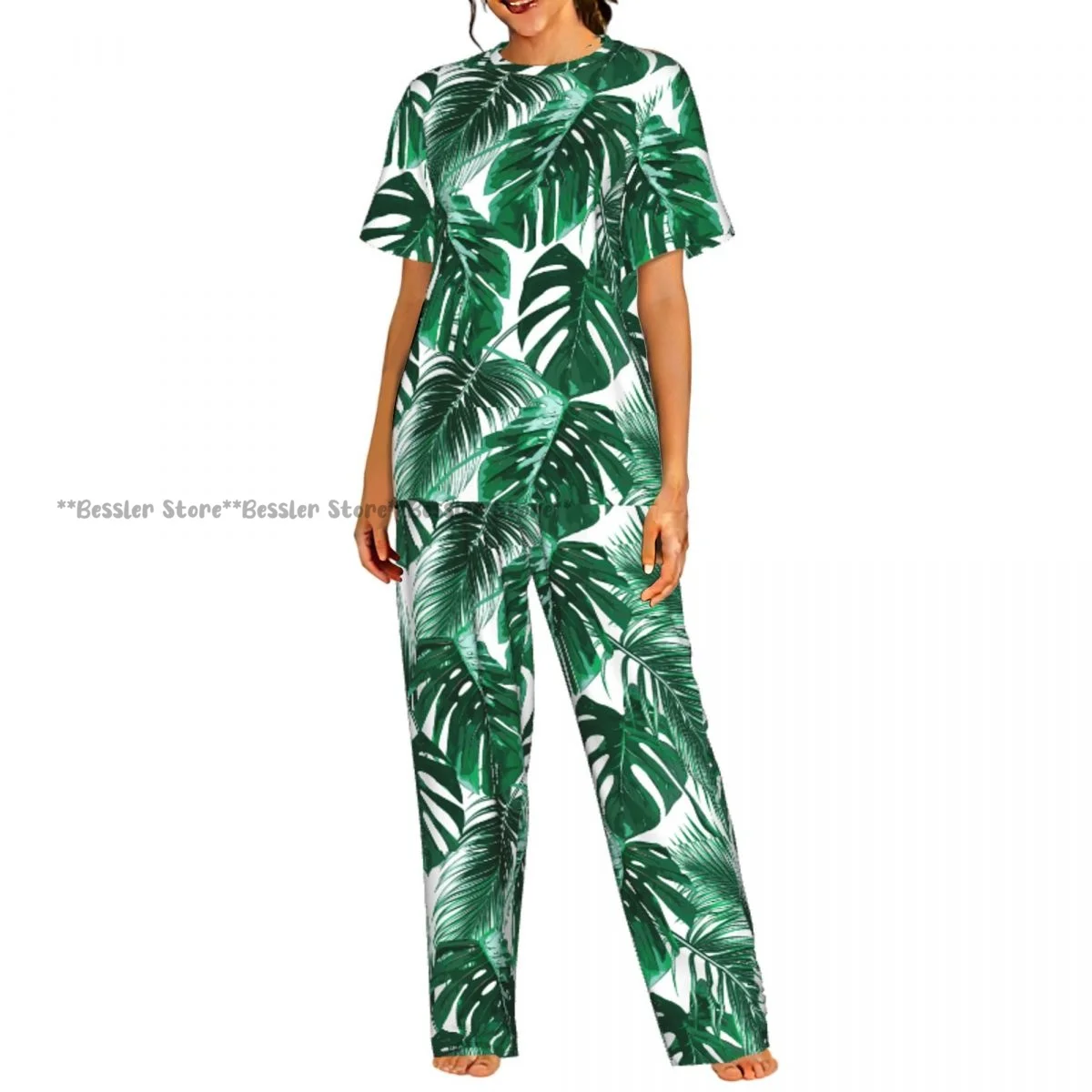 

Tropical Palm Leaves Jungle Leaves Pattern Pajamas Set Short-sleeved Women Home Clothing